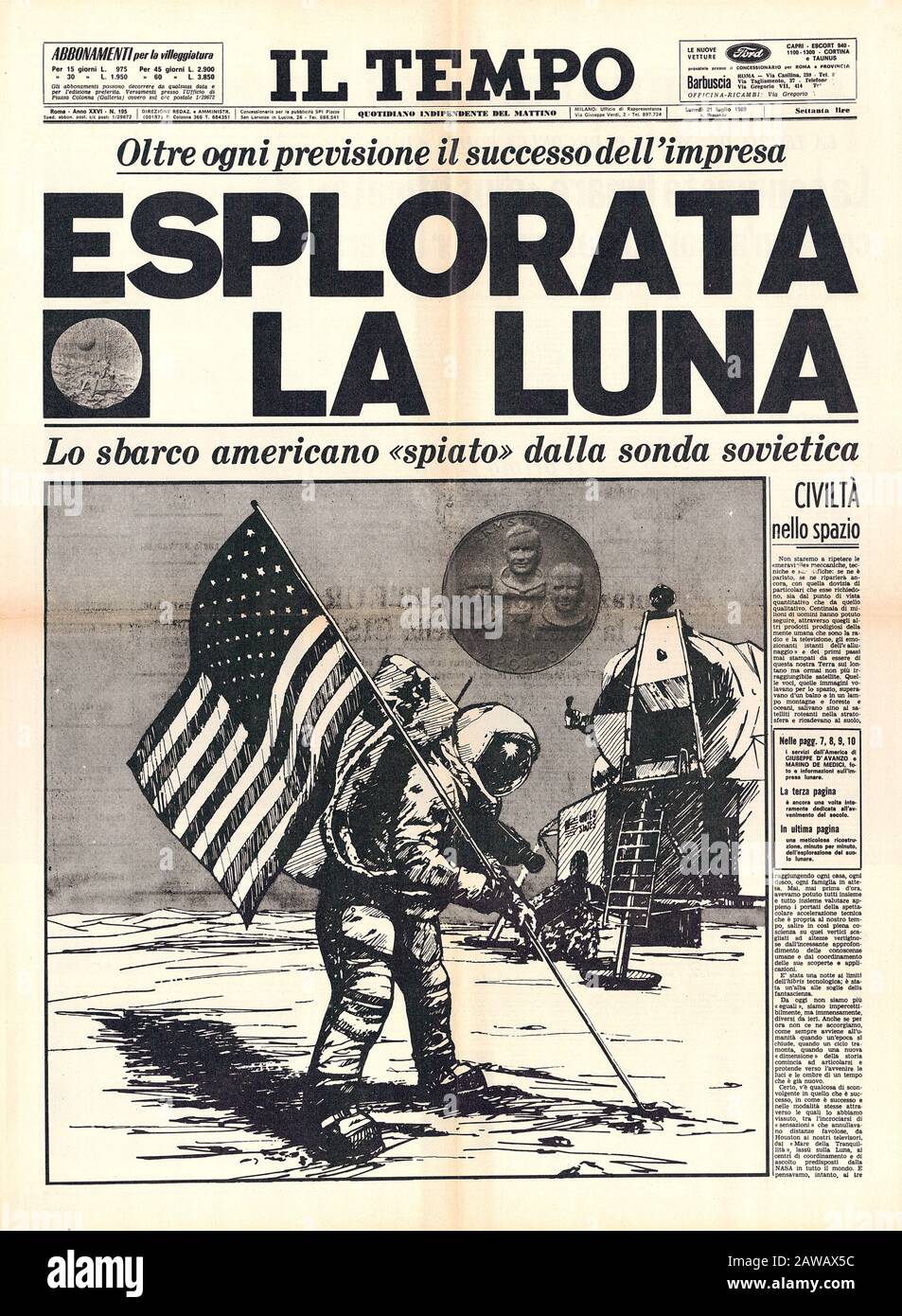 1969, ITALIEN: Die Mission Apollo 11 der Vereinigten Staaten auf dem MOND mit den drei Astronauten Neil A. Armstrong, Michael Collins und Edwin Buzz E. Aldrin, J Stockfoto