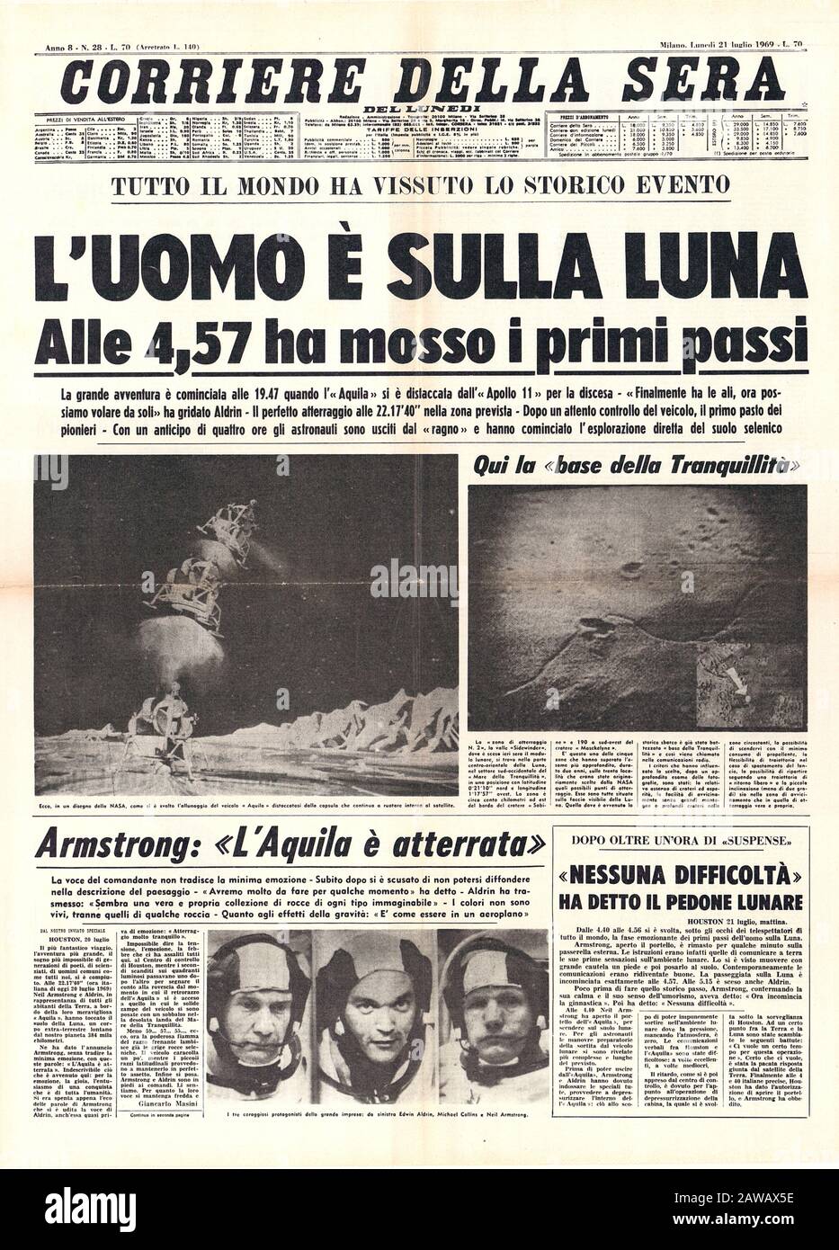 1969, ITALIEN: Die Mission Apollo 11 der Vereinigten Staaten auf dem MOND mit den drei Astronauten Neil A. Armstrong, Michael Collins und Edwin Buzz E. Aldrin, J Stockfoto