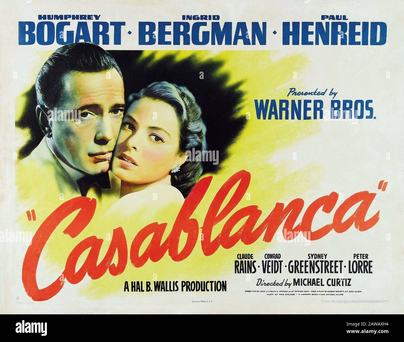 1942 : Das Originalplakat für den Film CASABLANCA von MICHAEL CURTIZ mit HUMPHREY BOGART und INGRID BERGMAN - FILM - USA - KINO - Stockfoto