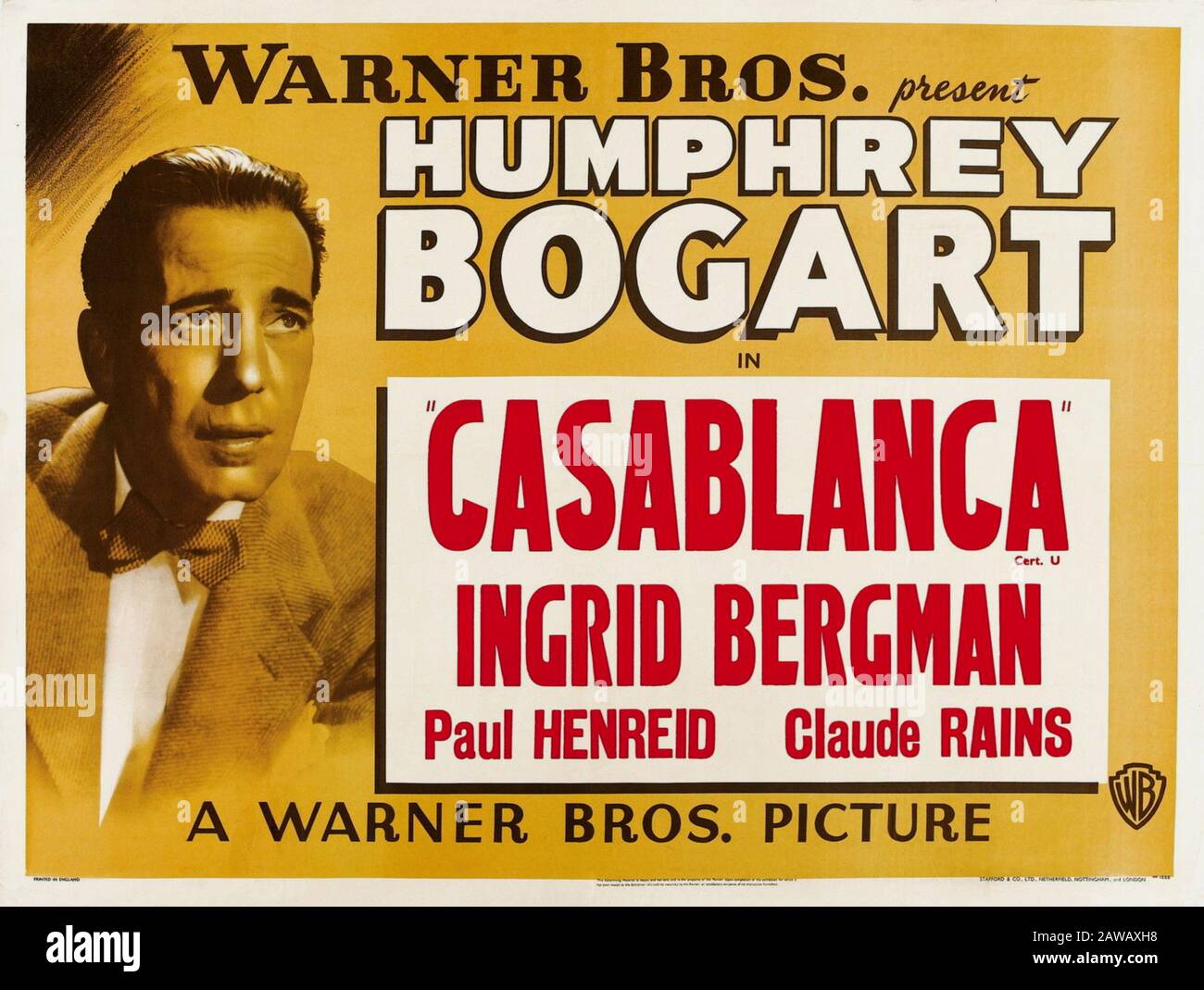 Das Originalposter BRITISH Advertising for the Movie CASABLANCA von MICHAEL CURTIZ mit HUMPHREY BOGART und INGRID BERGMAN. - Großbritannien Stockfoto