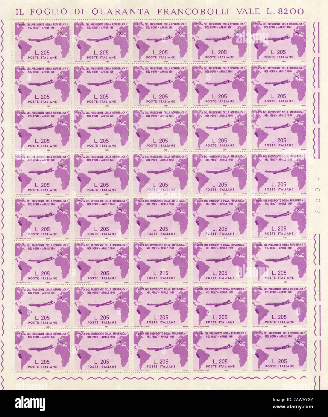 1961, 3. april, ITALIEN: Die gefeierte und seltene italienische Briefmarke Gron Rosa. Gedruckt vom italienischen POSTDRUCKDIENST zum Gedenken an den Besuch Stockfoto