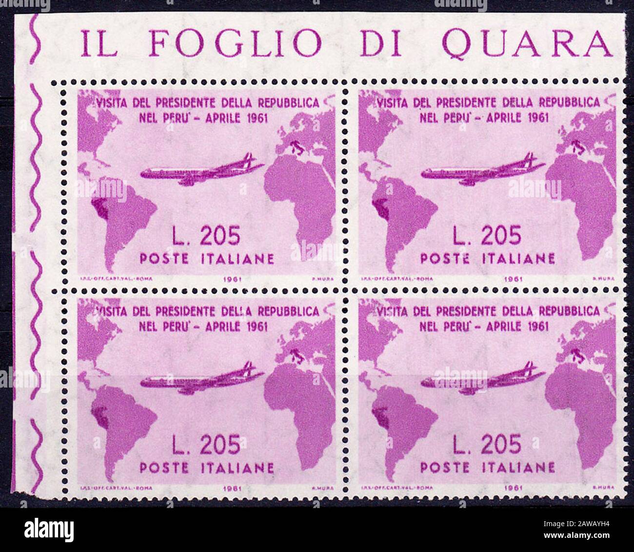1961, 3. april, ITALIEN: Die gefeierte und seltene italienische Briefmarke Gron Rosa. Gedruckt vom italienischen POSTDRUCKDIENST zum Gedenken an den Besuch Stockfoto