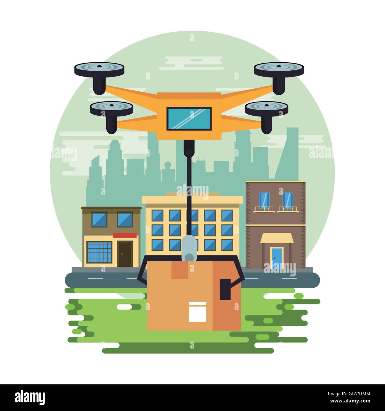 Drohnentechnik fliegt mit Box auf der Stadt Stock Vektor