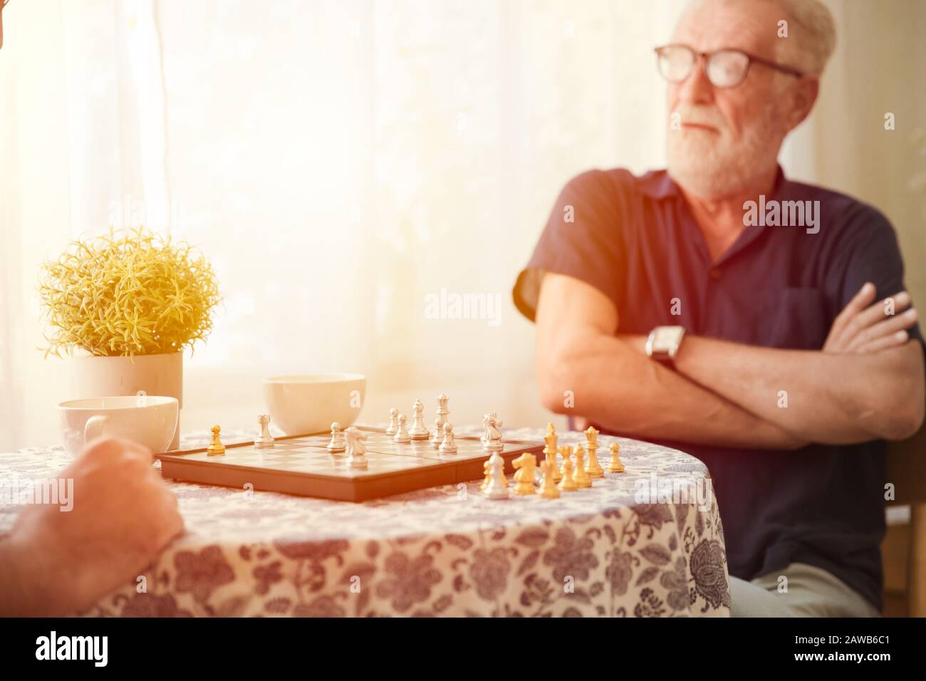 Cleverer Ältester mit Schachbrettspiel zu Hause Pflege für gesundes Gehirnkonzept Stockfoto