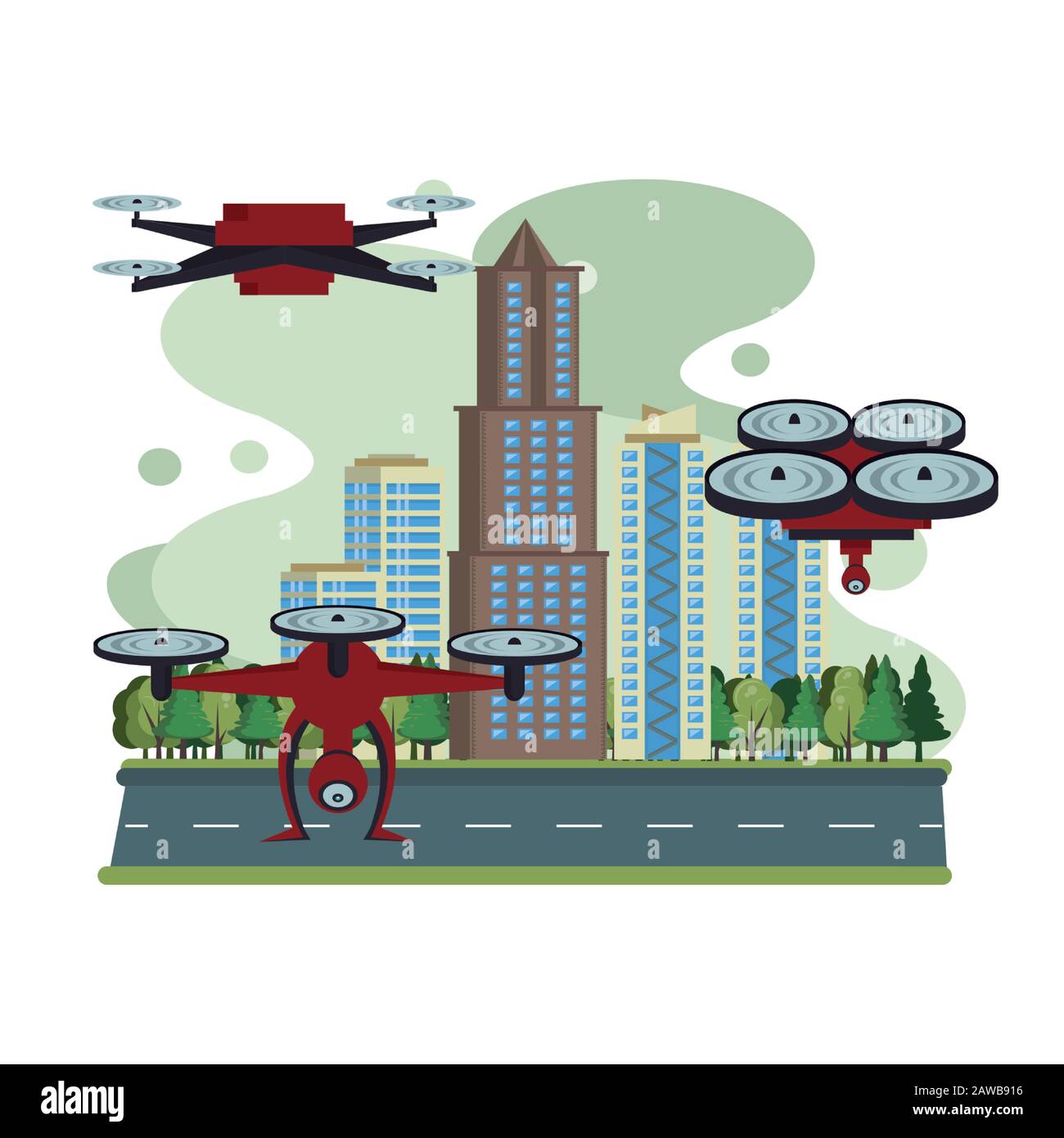 Drohnentechnik fliegt auf die Stadt Stock Vektor