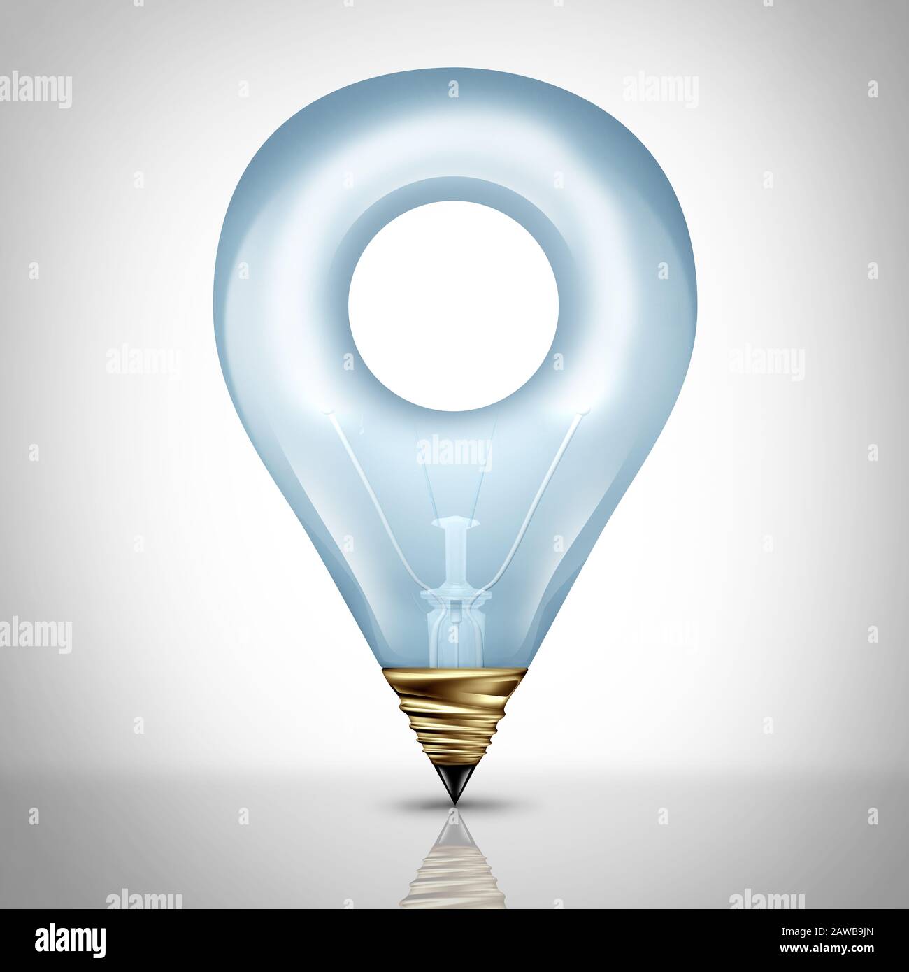 Ideenortkonzept als Erfolgssymbol für Unternehmen als Glühbirne oder Glühbirne, die als Stiftmarkierungssymbol geformt ist. Stockfoto