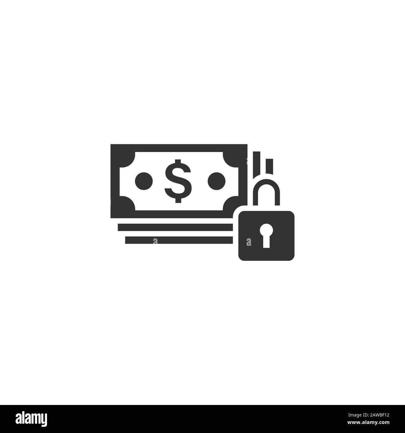 Dollarbanknote mit Schlosssymbol im flachen Stil. Dollar-Cash-Safe-Vektorgrafiken auf weißem isoliertem Hintergrund. Banknotenrechnung Sicherheit Geschäft Konce Stock Vektor