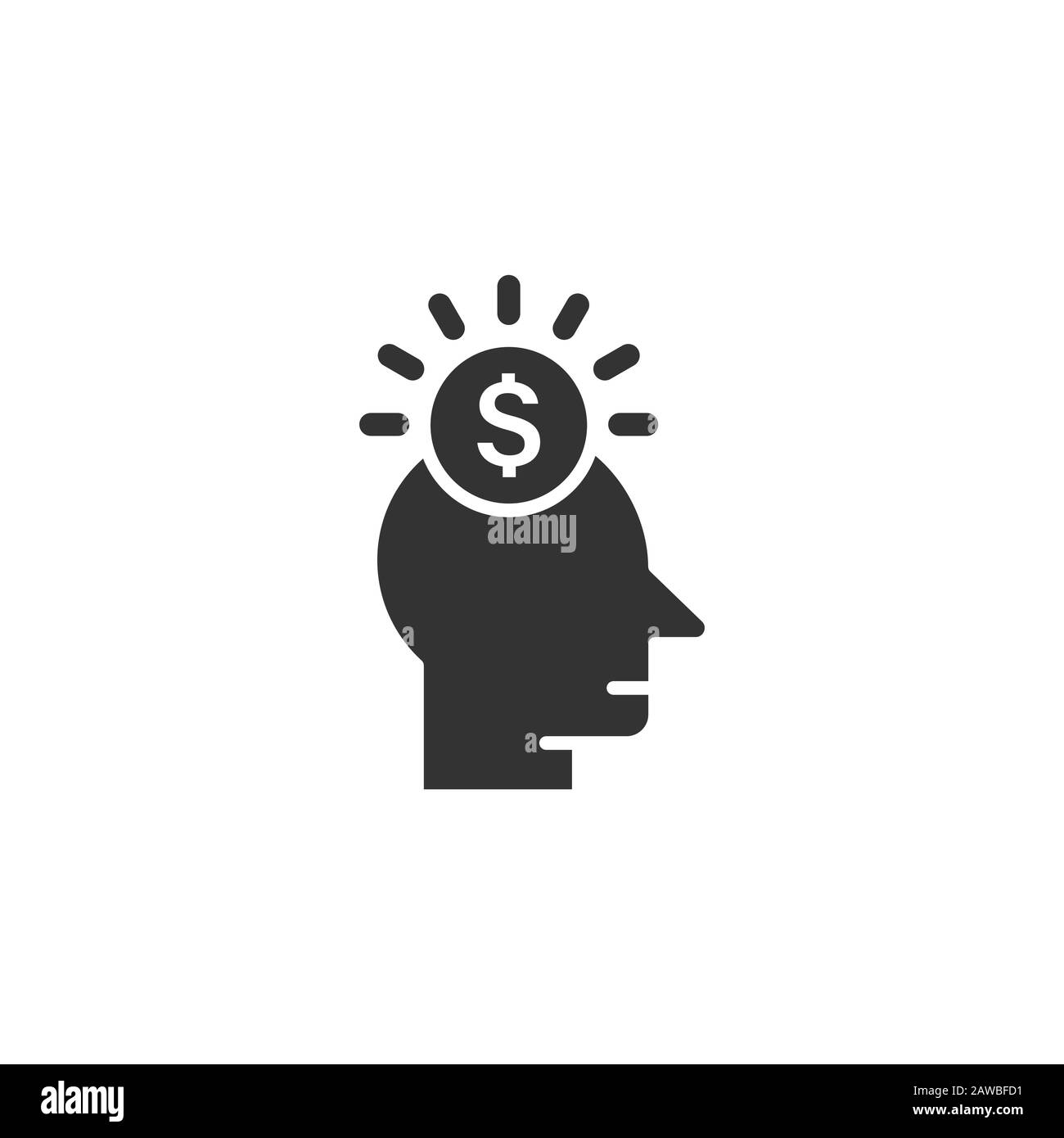 Menschlicher Kopf mit Geldsymbol in flacher Form. Darstellung des Karrierefortschritts auf weiß isoliertem Hintergrund. Geschäftskonzept Face and Dollar Coin. Stock Vektor