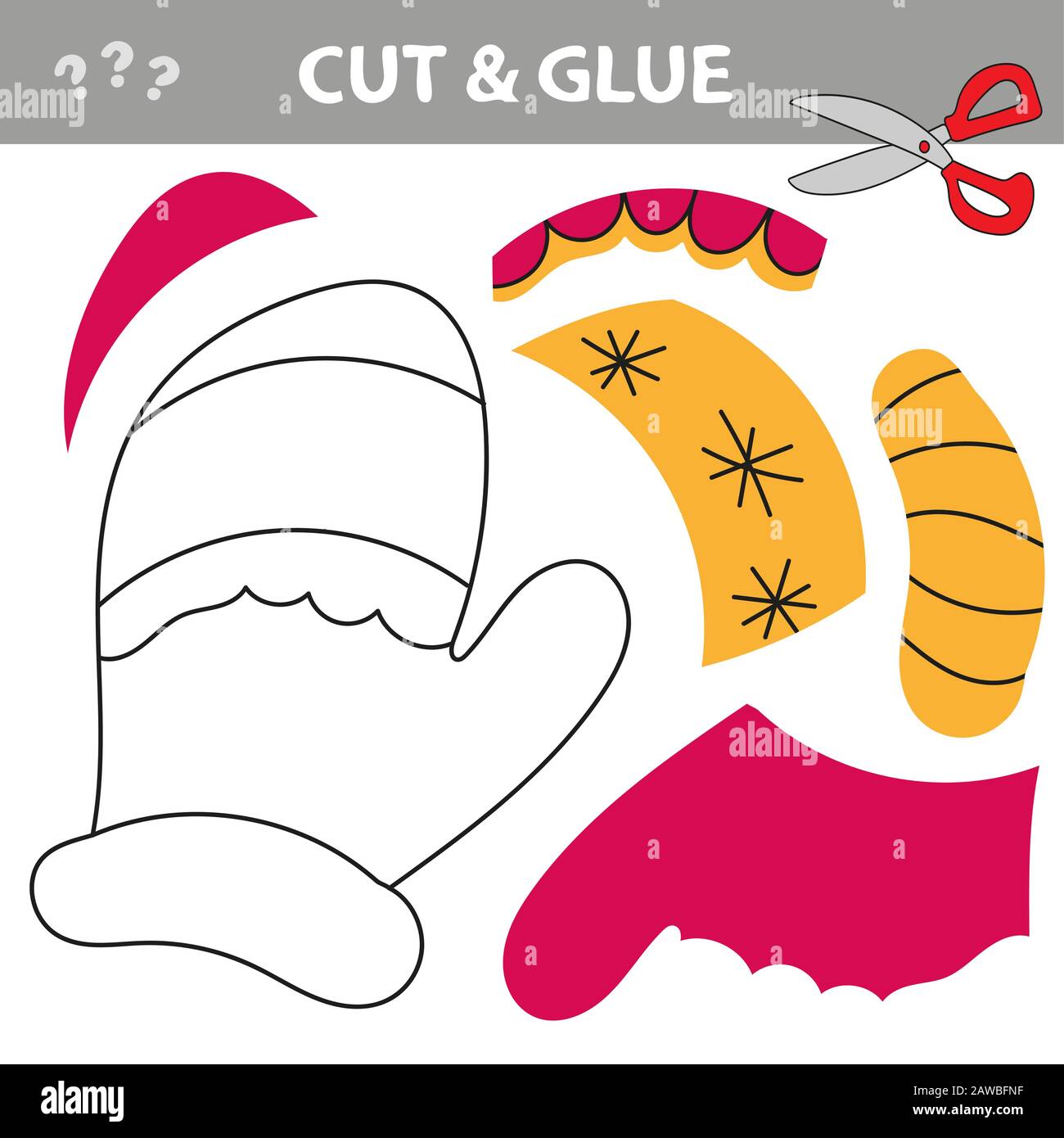 Bildungs-Papierspiel für Kinder, mitten. Verwenden Sie eine Schere und einen Kleber, um das Bild zu erstellen. Stock Vektor