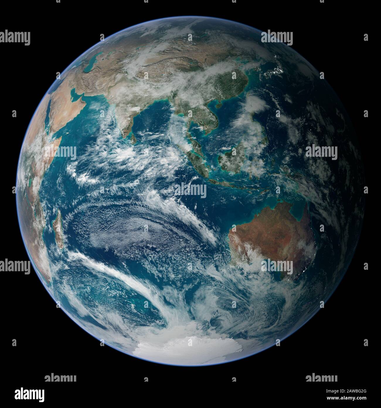 Zusammengesetztes "Blauer Marmor"-Bild der Erde aus Satellitendaten, die die östliche Hemisphäre zeigen Stockfoto
