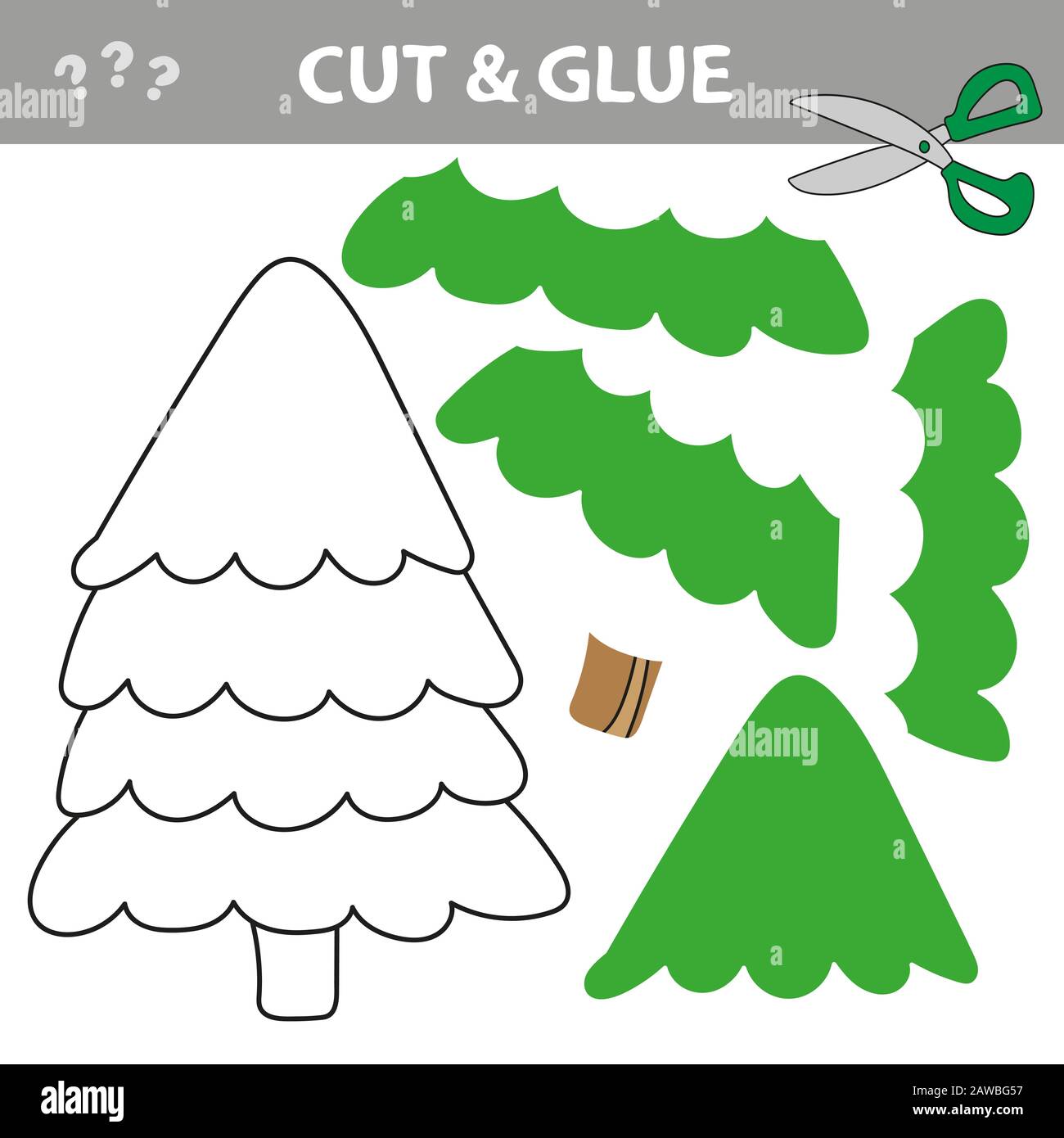 Schneiden und kleben, um grünen Weihnachtsbaum zu erzeugen. Verwenden Sie Schere und Klebstoff, und stellen Sie das Bild innerhalb der Kontur wieder her. Stock Vektor