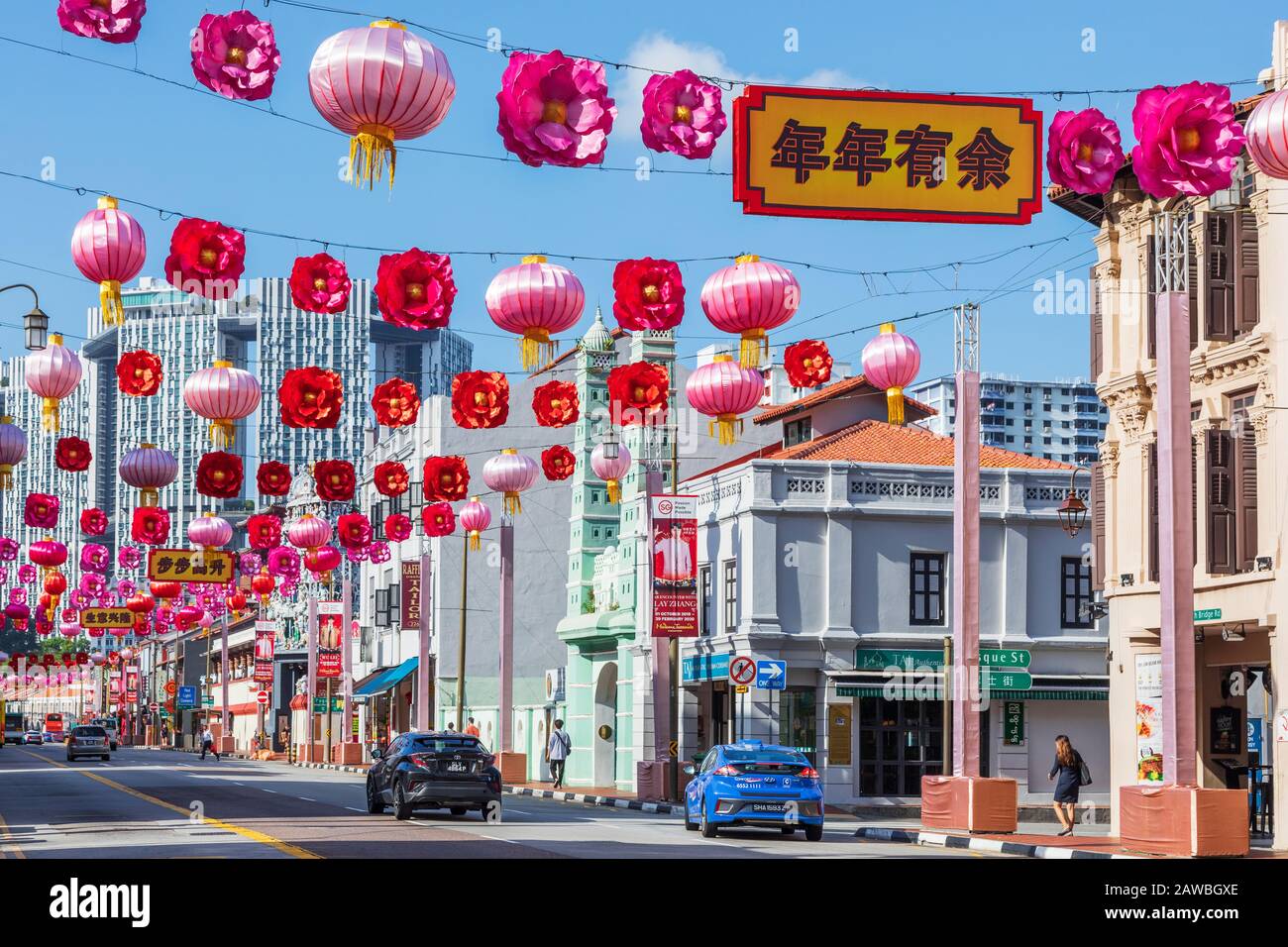 South Bridge Road, Chinatown, Singapur, mit farbigen Laternen dekoriert, um das chinesische Neujahr zu feiern, Singapur, Asien Stockfoto