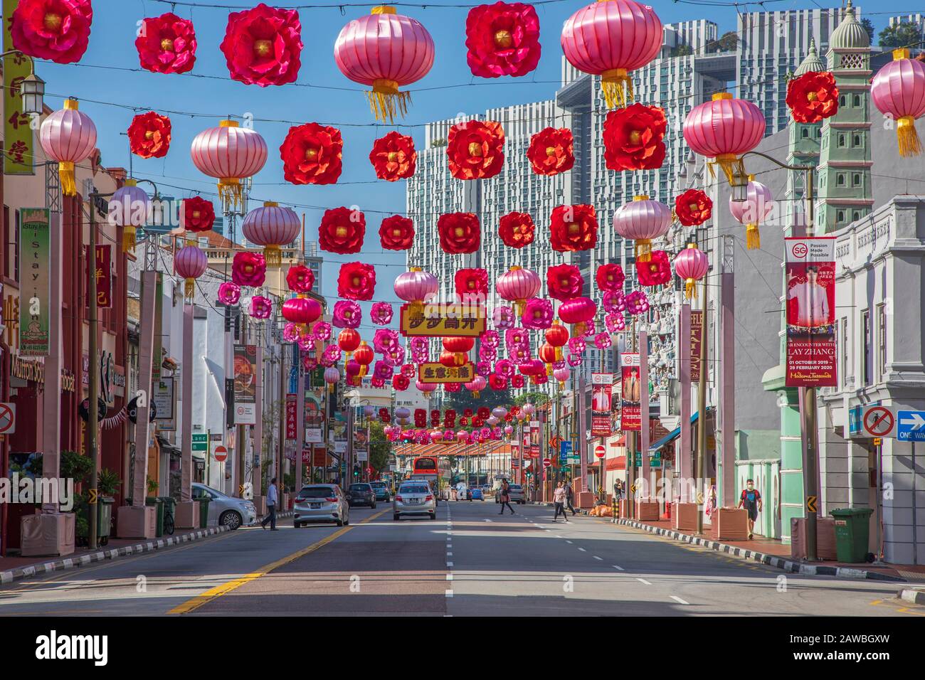 South Bridge Road, Chinatown, Singapur, mit farbigen Laternen dekoriert, um das chinesische Neujahr zu feiern, Singapur, Asien Stockfoto