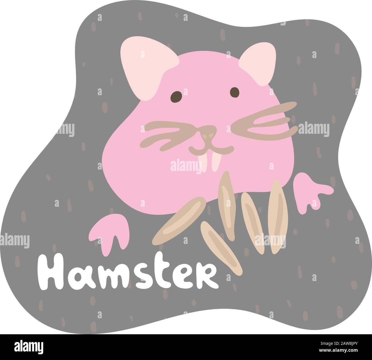 Ein wenig rosafarbener Hamster isst Getreide und ernährt seine Wangen mit einem Essen. Kinderhamster im flachen Stil. Texthamster in einer braunen Sprechblase. Isolierte Bilder Stock Vektor