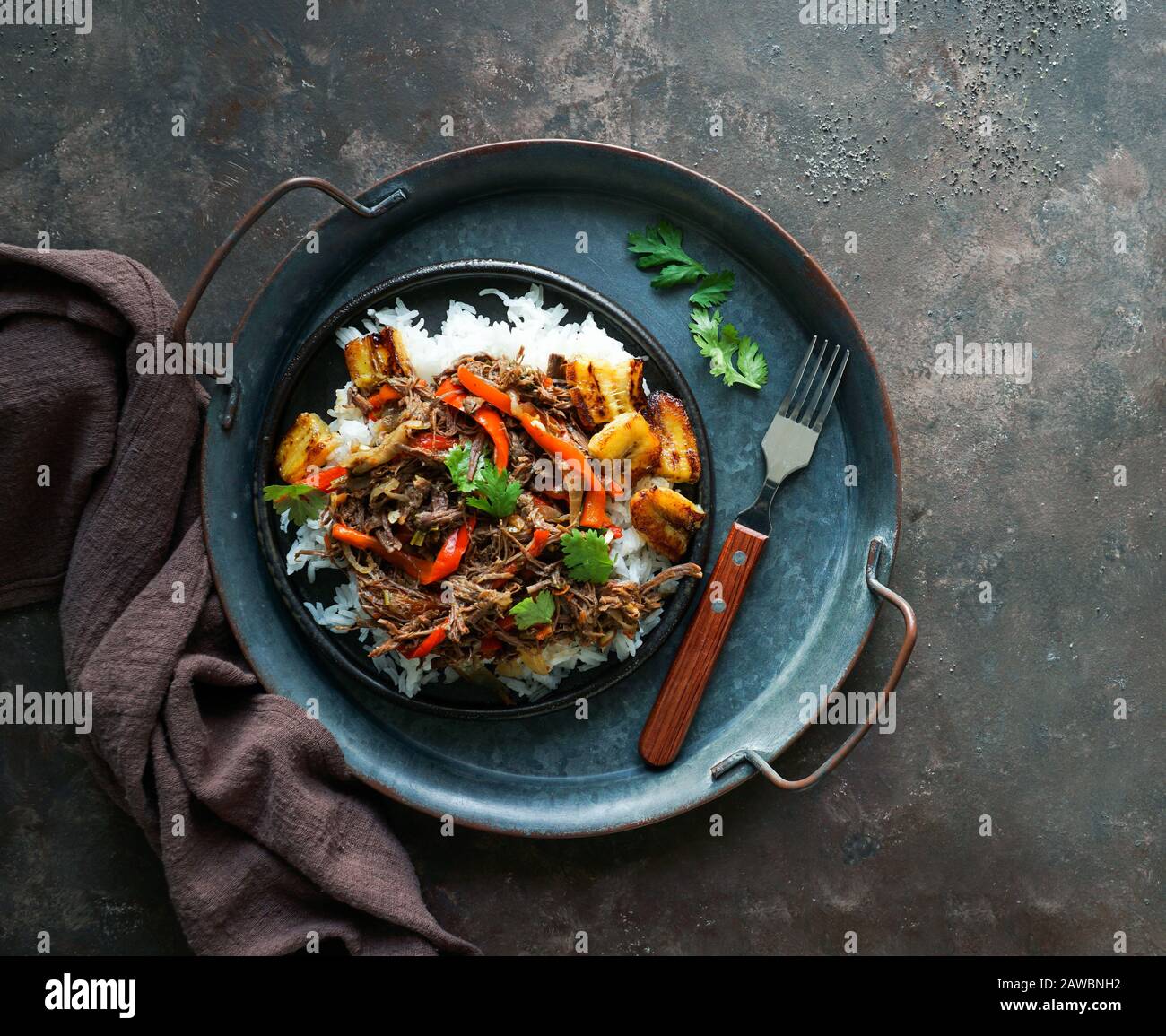 lateinamerikanische Küche. Ropa Vieja mit gebratenen Kochbananen und Reis. Carne desmechada, Carne desmenuzada, Carne mechada Zikelkost von Chile, Kolumbien, Cos Stockfoto