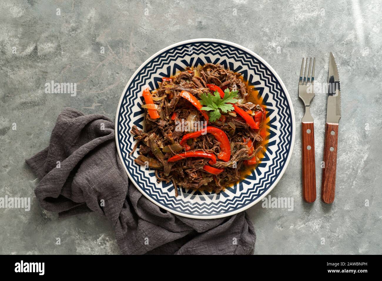 lateinamerikanische Küche. Ropa Vieja mit gebratenen Kochbananen und Reis. Carne desmechada, Carne desmenuzada, Carne mechada Zikelkost von Chile, Kolumbien, Cos Stockfoto