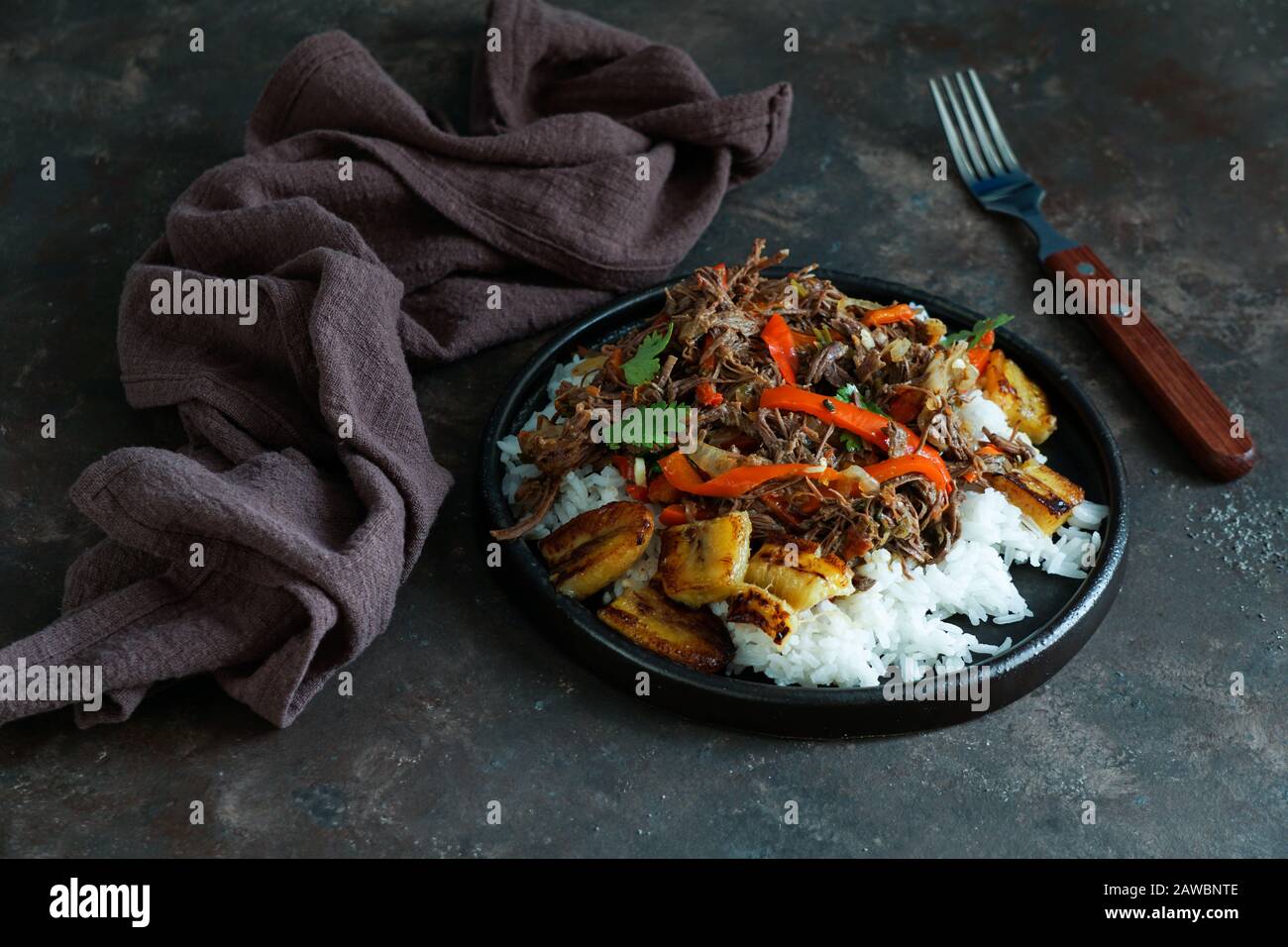 Kubanische, geschredderte Rindfleisch. lateinamerikanische Küche. Ropa Vieja mit gebratenen Kochbananen und Reis. Carne desmechada, Carne desmenuzada, Carne mechada Stockfoto