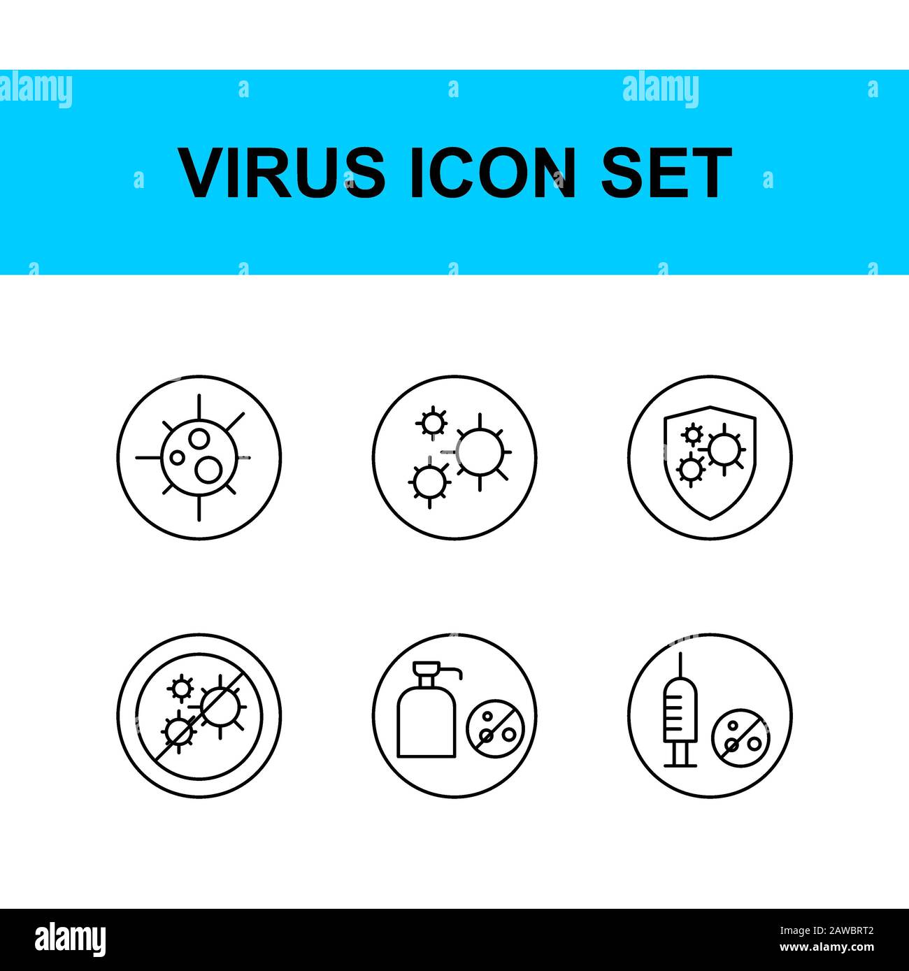 Virus-Symbol-Set. Outline style.Grippe, Fieber, Kälte, Virus, Corona, Lunge, waschen, Hand, Flasche, Tablette, Impfstoff, Bett, Ruhe, Anti-Virus, Spreizung. Editierbares Symbol. Stockfoto