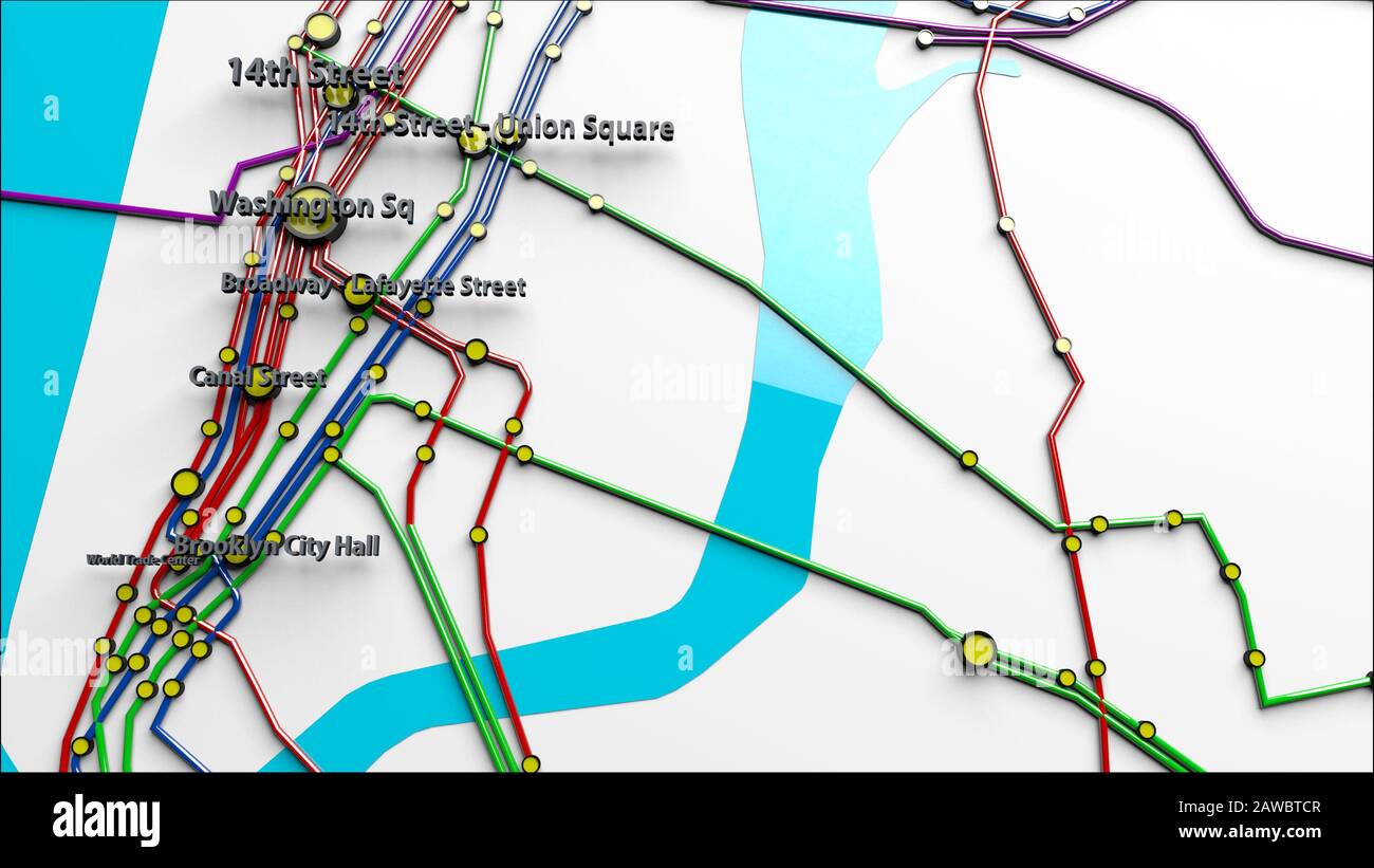 UBahnLinien und Stationen der UBahn New York City Manhattan 3D