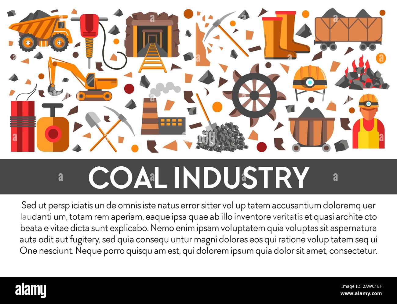 Banner-Vorlage für die Kohleindustrie mit Mining-Symbolen und Text Stock Vektor