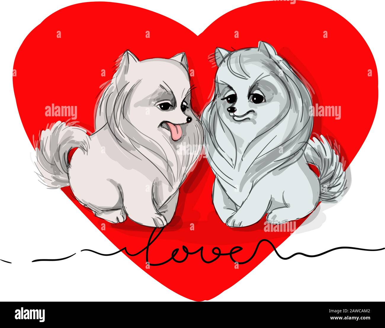 Vektor-Illustration valentine zwei weiße Hunde verliebt sich in das Herz Stock Vektor