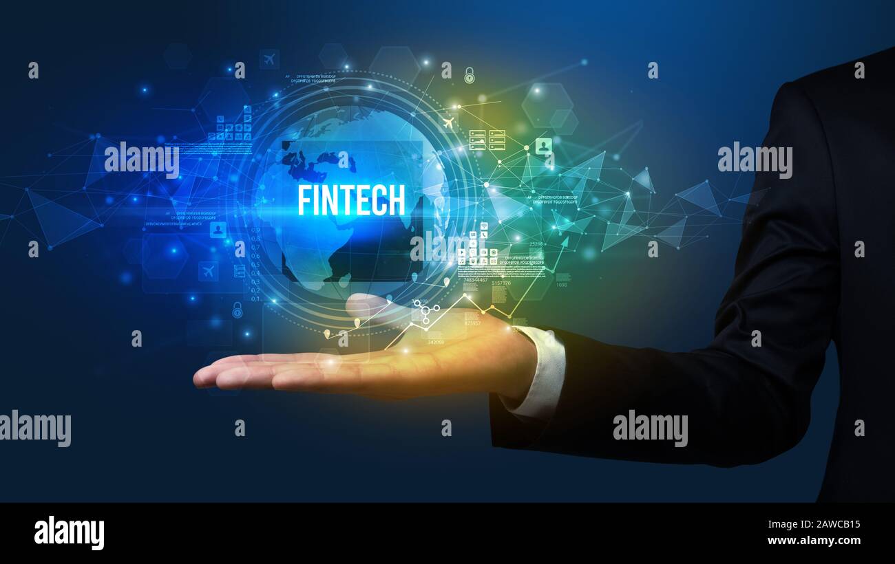 Elegante Hand FINTECH Inschrift, digitale Technik Konzept Stockfoto