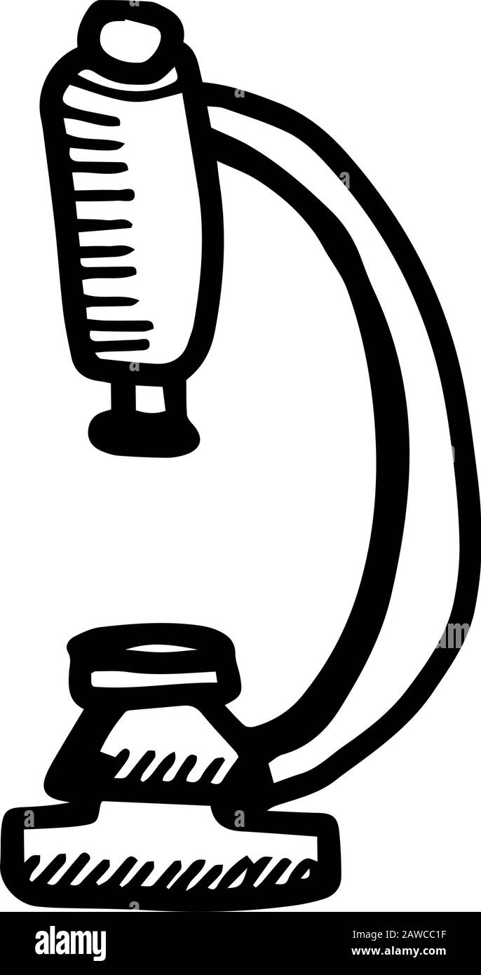 Medizinisches Mikroskop in handgezeichneter Doodle-Form isoliert auf weißem Hintergrund. Darstellung der Umrisse von Vektorgrafiken. Einfach. Element signieren. Medizinische Geräte Stock Vektor