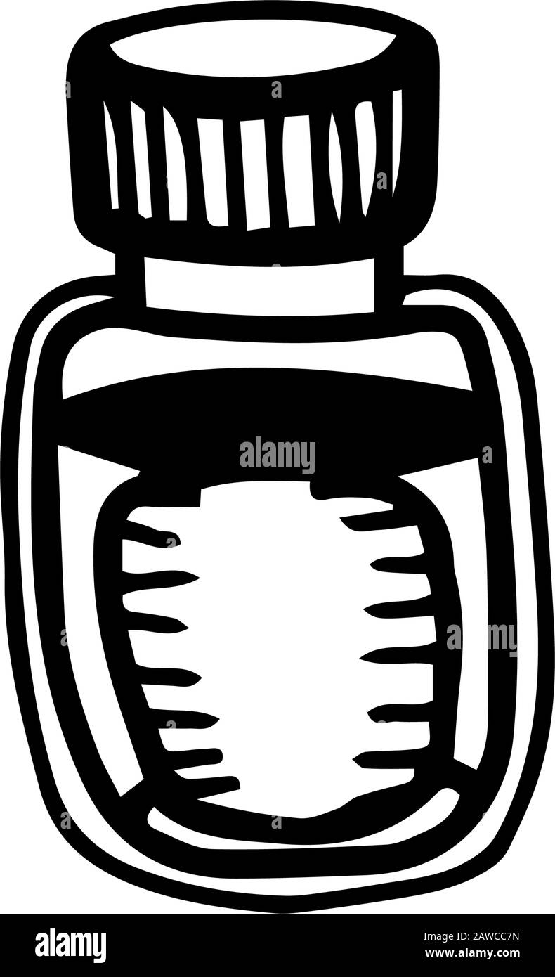 Glas mit natürlicher Creme in handgezeichneter Doodle, isoliert auf weißem Hintergrund. Darstellung der Umrisse von Vektorgrafiken. Einfach. Element signieren. Medizinische Ausrüstung Stock Vektor