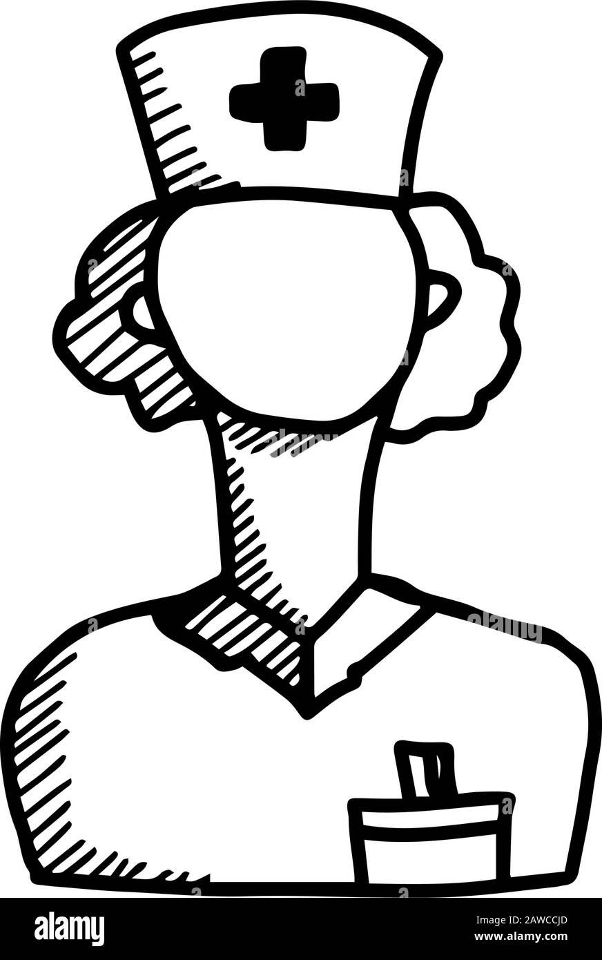 Doktor in handgezeichneter Doodle-Art isoliert auf weißem Hintergrund. Mann mit Krawatte in weißer Uniform und medizinischer Kappe. Gesundheits- und Medizinkonzept. Vektor o Stock Vektor