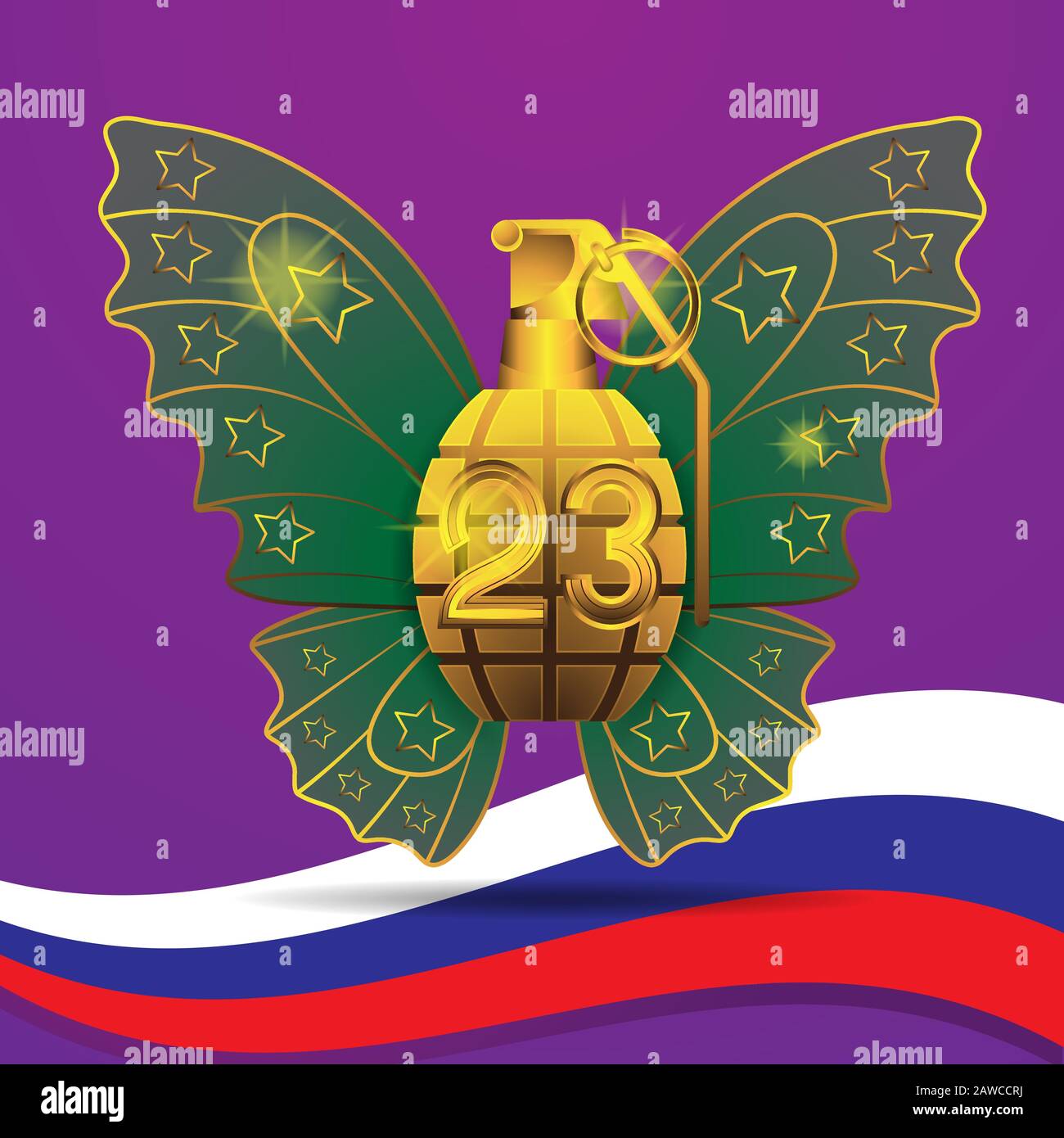 23. Februar Granat Gold Schmetterling Flügel russische Flagge auf einem isolierten Hintergrund. Vektorbild Stock Vektor