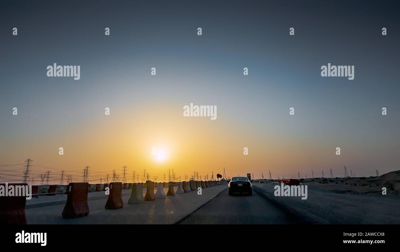 Al Hasa Road Sunset Hintergrund Stockfoto