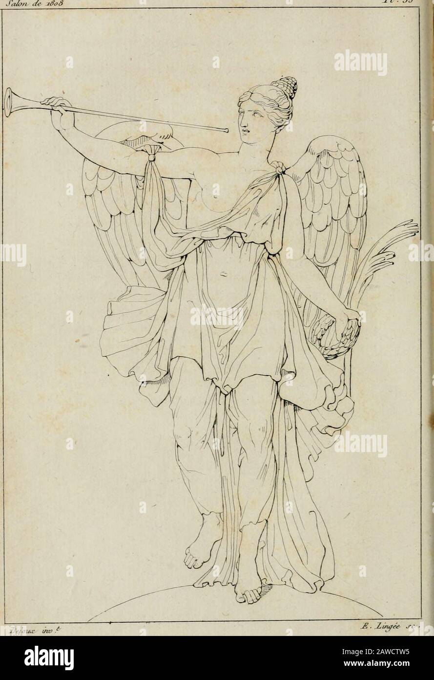 Annales du musée et de l'école moderne des beaux-arts : recueil de gravures au trait, d'après les principaux ouvrages de peinture, sculpture, ou projekts d'Architecture, qui, chaque année, ont remporté le prix, soit aux écols spéciales, soit aux concours nationaux : Les productions des artistes en tous genres, qui, aux différentes expositions, ont été citées avec éloges : les morceaux les plus estimés ou inédits de la galerie de peinture : la Suite complète de celle des antiques : édifices anciens et modernes, etc. Sabn./" Tl. 3o. (45) Planche trente-cinquième. - La Renommée; Statue, par M Stockfoto