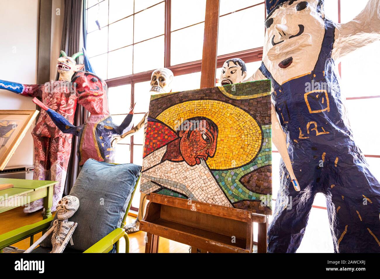 Detail des Studios von Diego Rivera an dem Ort, den er mit Frida Kahlo in Mexiko-Stadt, Mexiko teilte. Stockfoto