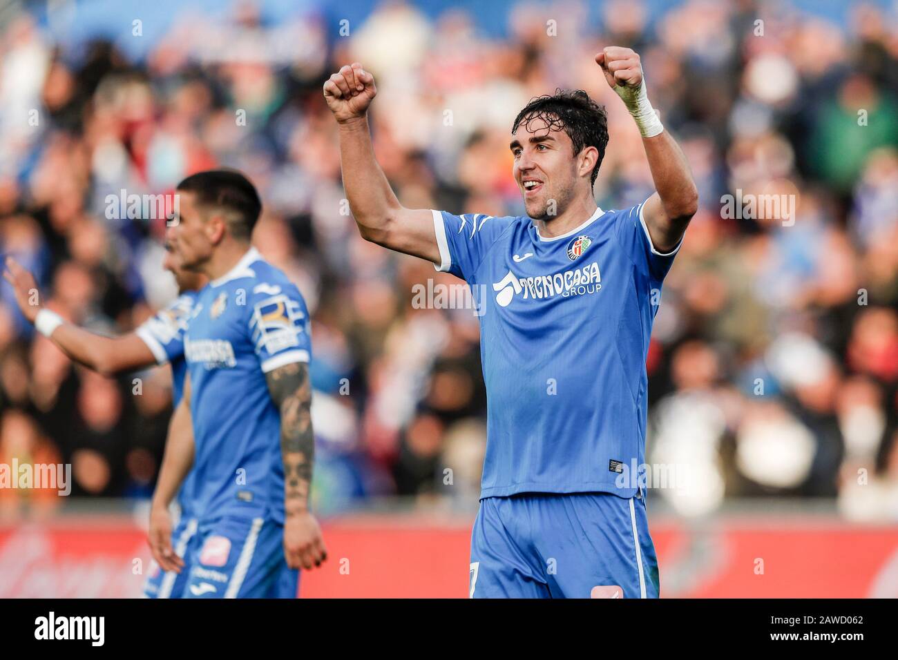 Coliseum Alfonso Perez, Madrid, Spanien. Februar 2020. La Liga Fußball, Club Getafe Club de Futbol gegen Valencia; Jaime Mata (Getafe CF) feiert sein Tor, das es in der 87. Minute zum 3:0 machte Credit: Action Plus Sports/Alamy Live News Stockfoto