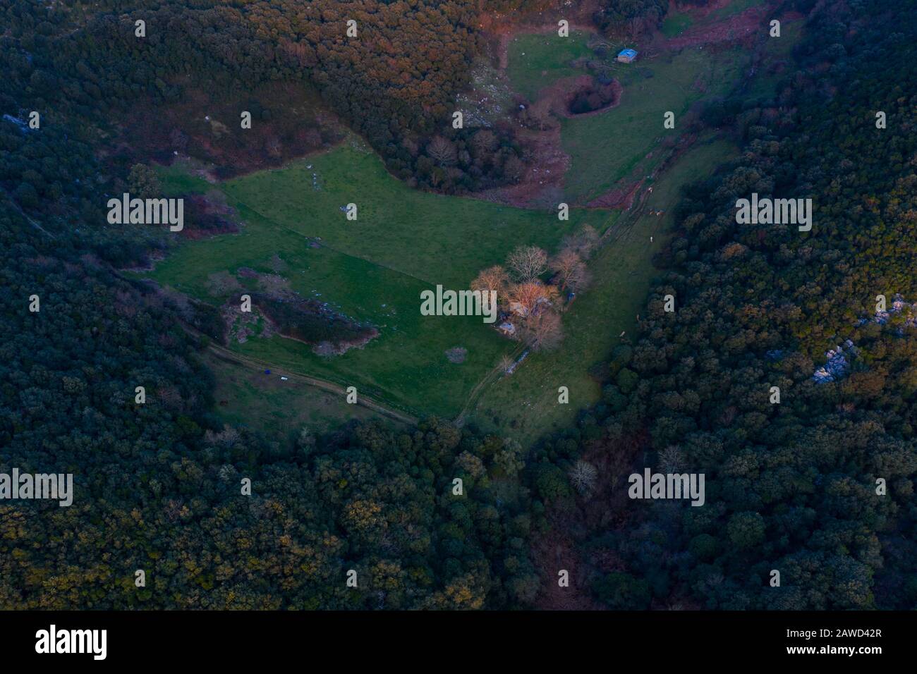 Luftbild des Berges Candina, Liendo-Tal, Östlicher Küstenberg, Kantabriensee, Kantabrien, Spanien, Europa Stockfoto