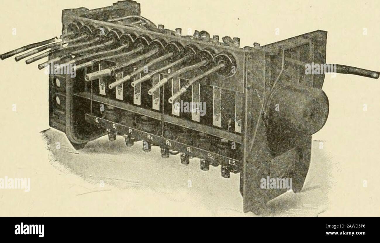 Cyclopedia of Applied Electricity: Eine allgemeine Referenzarbeit zu Gleichstrom-Generatoren und -Motoren, Lagerbatterien, Elektrochemie, Schweißen, Elektroverkabelung, Metern, elektrischer Beleuchtung, elektrischen Eisenbahnen, Kraftwerken, Schaltanlagen, Kraftübertragung, Wechselstrommaschinen, Telegrafie usw. . Abb. 69. Westinghouse Unit Switch Cyl-inder und Magnetventil Abb. 70. Details zu den Ausblasspulen, dem Schalter der Westinghouse Unit, der an der Unterseite des Zylinders eindringen konnte, und er drückt den Kolben nach oben, gegen den Widerstand der Spiralfeder, und schliesst den Schalter. Wenn das aufregende ci Stockfoto