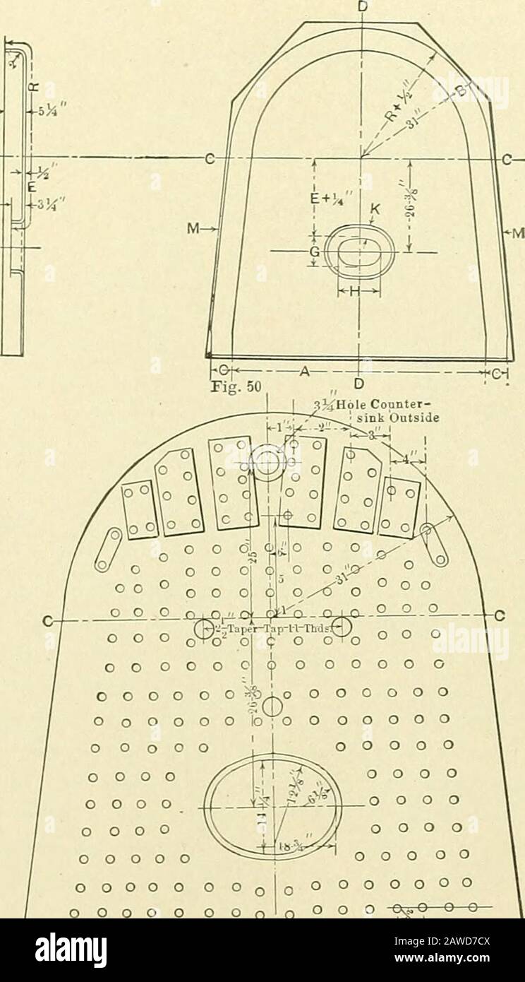 Verlegung für Kesselbauer und Blecharbeiter; eine praktische Abhandlung über die Anordnung von Kesseln, Stapeln, Tanks, Rohren, Ellbogen und verschiedenen Blecharbeiten . S M und ] I. Der Rest des Metalls muss weggeschnitten werden. Das Blech ist nun zum Flanschen bereit. Wenn der Flansch kurz ist, kann der Großteil der Löcher für die Befestigungsschrauben, Nieten usw. in das Blech eingestanzt werden, bevor es mit einem Flansch versehen wird. Die Löcher, die der Kurve nahe kommen und die nicht mehr zu zeichnen sind, werden nach dem Flanschen in das Blech gelegt. Die Anordnung dieses Hinterkopfes ist in Abb. dargestellt. 51. Die Umrisse des Bogens und der Brandschutztür h Stockfoto