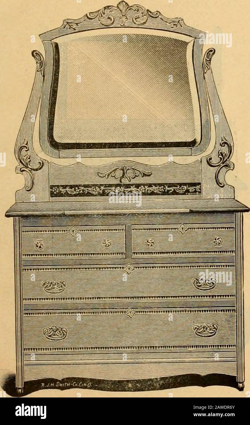 Katalog / L.C & WLCron Co. Bett. 6 Fuß 3 Zoll Hoch. 4 Fuß FI in. Latte. Nr. 91 Dresser, Pattern Top.Top, 20x42. Glas, 20x24, deutsche abgeflachte Kante. Die Anzahl der Kommoden ist auch die Anzahl der Suiten. DIE FIRMA L. C. & W. L. CRON, PIQIJA, OHIO. 47 Nr. gil/2 Pattern Glass Suite, Hartholz, Pattern Tops. Fertige Antiquitäten. Imitation Walnut und AVahogany. Stockfoto