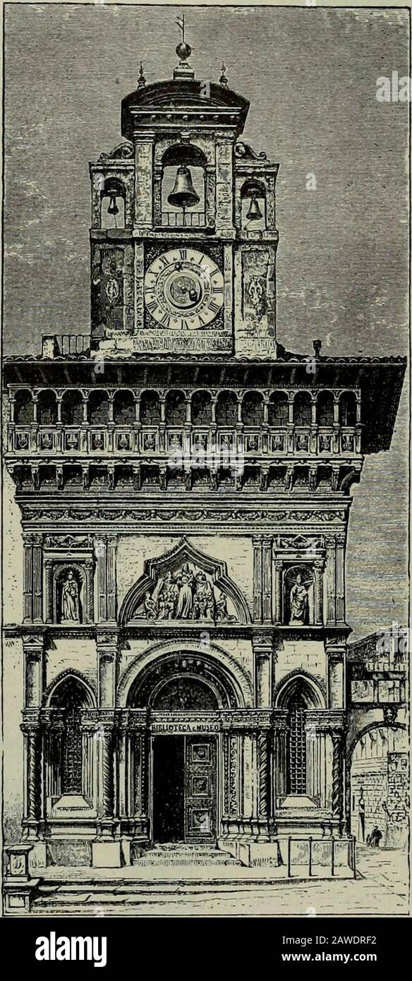 Die Histoire de l'Art Pendant la Renaissance . seul le Motiv assez disgracieuxqui encadre le bas-reliet placé au-dessusde la porte procède du moyen âge. Alétage supérieur, les consoles qui sup-portent la petite loge découverte, rap-pellent par leur saillie excessive lesmâchicoulis de lépoque antérieure. Quant au vase à fleurs qui se développe sous chaque Arcade de la loge, cestla signature de la Première Renaissance, une de ses inventions les plus carac-téristiques et les plus charmantes. Vasari attribute la construction de létage supérieur à Niccolô di PierodArezzo, lhabile sculpteur arétin, qui l Stockfoto