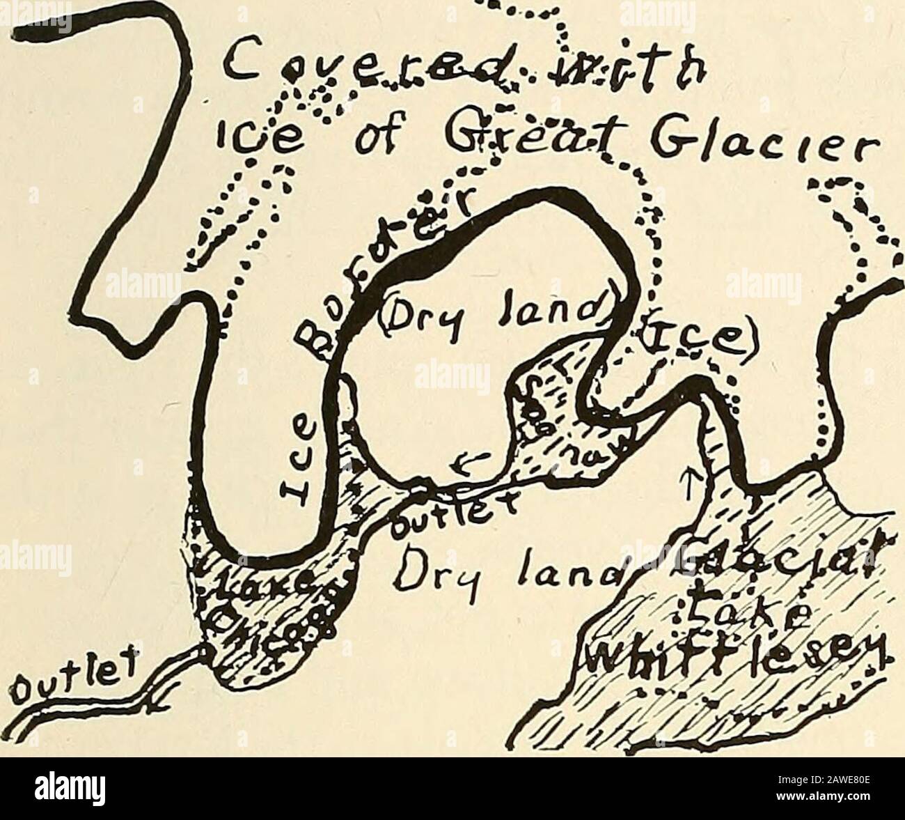 Bay County Vergangenheit und Gegenwart. ,^e von Great Glaciec ifiihtb südwestlich, Teilweg acrossthe state. Das Wasser fließt durch den GrandRiver in den Michigansee und erreichte den AtlanticOcean durch den Missis-sippi River. Da die Eisfläche zum Schmelzen zurückging und manchmal wieder vorrückte, änderte dieser See sehr viele Male seine Küstenlinien. Und später schlossen sich weitere Seen an, die sich in der Nähe von PortHuron und Detroit bildeten.Als der Gletscher weit genug zurückging, um das Wasser durch den Sankt-Lorenz-Strom hinaus zum Ozean zu lassen, verschwanden diese Temporaryseen, verließen aber die heutige Grea Stockfoto