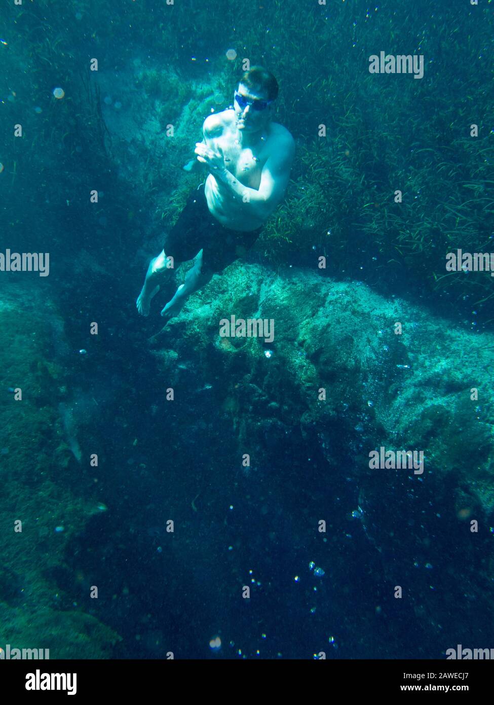 Man tauchfrei von Unterwasserhöhle in blauem Loch in Florida. Stockfoto