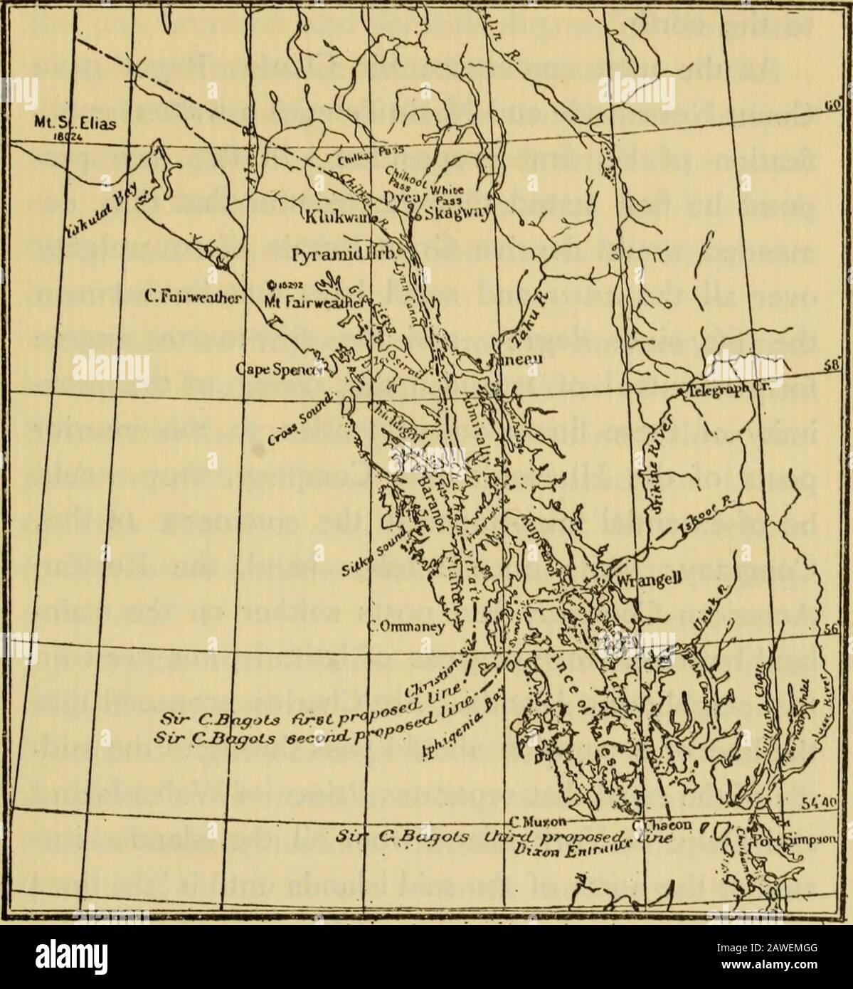Die Grenze zu Alaska . . . . . . . . . . . . . . . . . . . . . . . . . . . . . . . . . . . . . . . . . . . . . . . . . . . . . . . . . . . . . . . . . . . . . . . . . . Sir CharlesBagot kämpfte im Auftrag Englands energisch dafür, einen freien Auslass zum Meer bis weit nach Norden über die Linie von 54 Grad vierzig Minuten so weit wie möglich zu halten. (Siehe Karte Nr. 3.) Zuerst schlug er vor, dass die Linie der Territorialabgrenzung zwischen den beiden Landzettel durch die Chatham Strait zum Kopf des Lynn Canal führen sollte, und zwar in Richtung Nordwesten bis zum 140. Grad-Oflongit Stockfoto