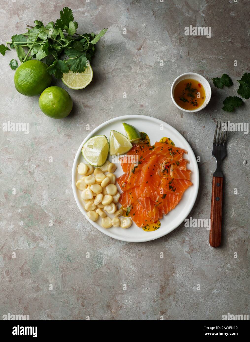 Tiradito de Lachs - peruanisches Gericht mit rohem Fisch, Carpaccio Stockfoto