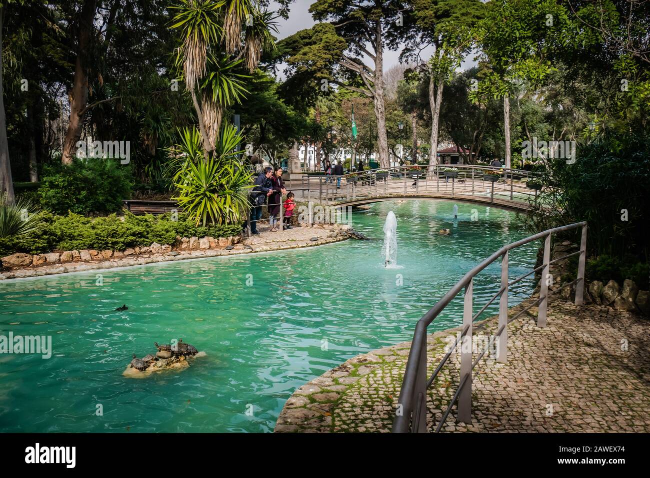 Parque Marechal Carmona ist ein familienfreundlicher öffentlicher Park in Cascais mit Enten Schildkröten in einem Teich sowie Gärten und Cafés Stockfoto