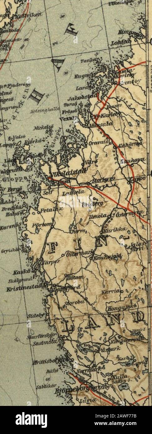 Norwegen, Schweden und Dänemark: Mit Exkursionen nach Island und Spitzbergen; Handbuch für Reisende . ?*"*** *H^r w "&lt;3* *r*. •y v. ^ysW. &gt;• ? 3 5s i NORRA S¥Eilie 1:2750.000 0 30 40 60 80 100 150 5 =r- "-?=j =s=^-2   Schwedische Meilen2Q 30 40 30 30 €0 70 369 58. Von Upsala von Gefle nach Ockelbo (Bracke, Ostersund). 152 Kil. Bahn (Lokalstrecke) nach Gefle, 114 Kil. In 2,4-3 Stunden. (Zugverkehr entspricht); von Gefle bis Ockelbo, 38 Kil. In etwa D/2 Std. - Als Reisende von oder nach Norrland (R. 59) finden entsprechende Züge Ockelbo, sie werden die Gefle-Route wahrscheinlich dem weniger anziehenden vorziehen Stockfoto