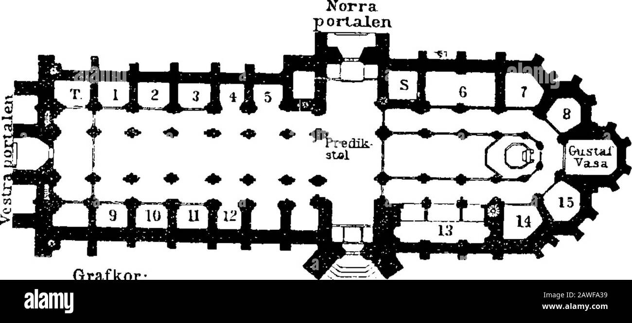 Norwegen, Schweden und Dänemark: Mit Exkursionen nach Island und Spitzbergen; Handbuch für Reisende . htig vorspringender Tran-Sept, Chor und ein mit Kapellen umgrenztes Ambulatorium, In Planand Ausführung ähnelt er den französischen Kathedalen, aber der Verwendung von Baedekers Norwegen und Schweden. Bearbeiten. OQ 350 Route 52. UPSALA. Kathedrale. Backstein machte eine größere Einfachheit des Stils erforderlich. Die erste Architektur war Etienne de Bonneuil, tailleur de pierre, ein Assistent von Notre Dame in Paris, der zweifellos durch den Einfluss schwedischer Studenten an der Universität von Paris engagiert wurde. Thecontract wurde abgeschlossen Stockfoto