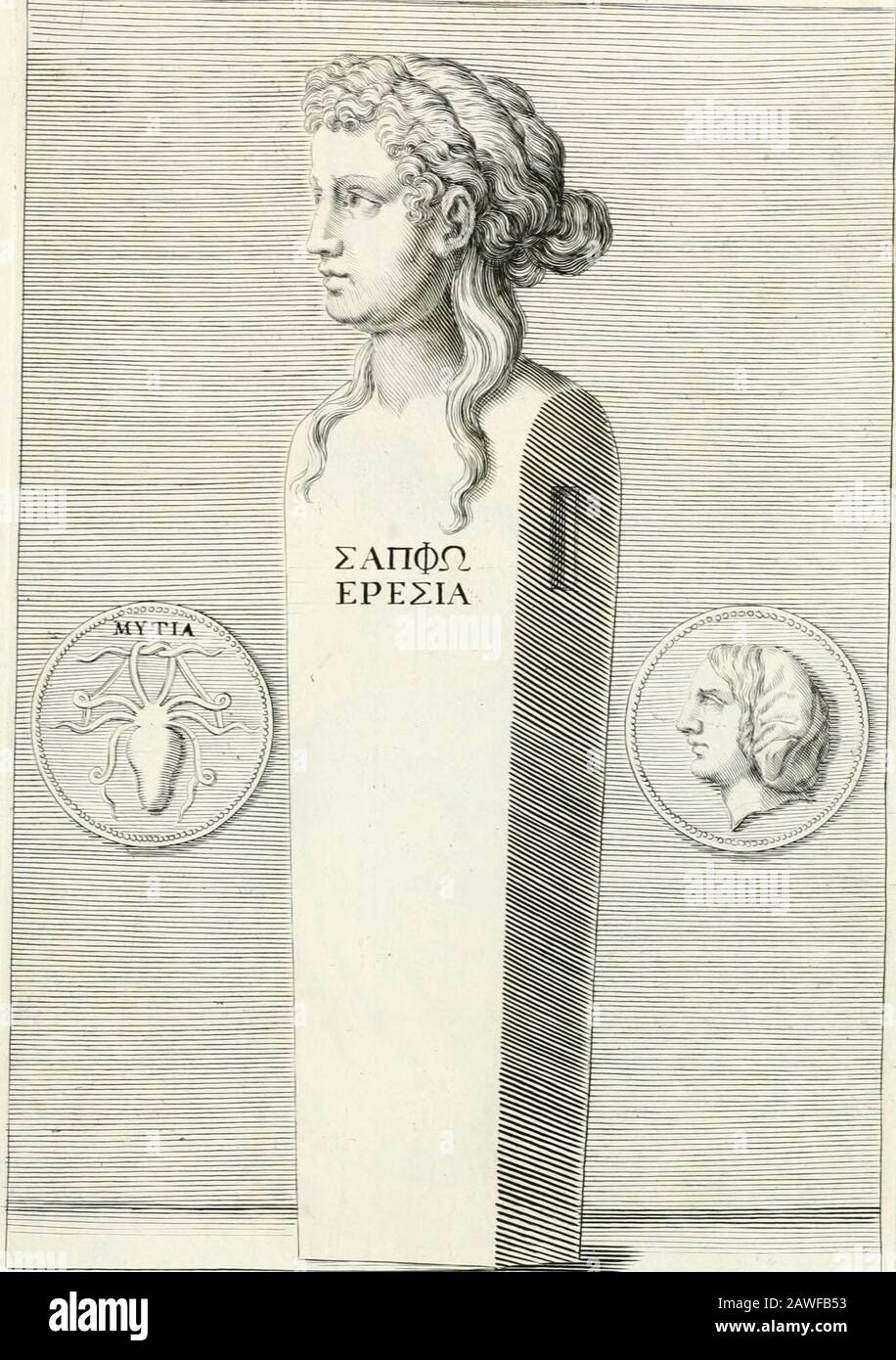 Veterum illustrum philophorum, poetarum, rhetorum, et oratorum imagines : ex vetustis nummis, gemmis, hermis, marmoribus, alijsque antiquis monumentis desumptae . PYTHEVS Poera Coiopno)! NIS Ex Fuluui-jim BiRiotlK ca ^2. Nona ncc est inter Jappho Li/rtcojque, iiirofqiie, gefüttert numcrum Miifis aCiaet ct h^c decima Stockfoto