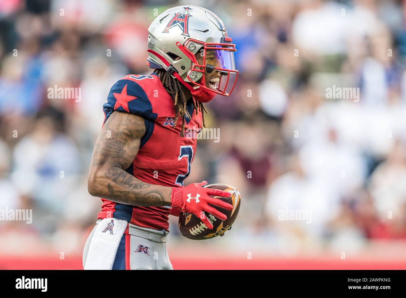 Houston, Texas, USA. Februar 2020. Houston Roughnecks Wide Receiver Sam Mobley (3) reagiert nach einem Punt im XFL-Spiel zwischen den Los Angeles Wildcats und den Houston Roughnecks im TDECU Stadium in Houston, Texas. Prentice C. James/CSM/Alamy Live News Stockfoto