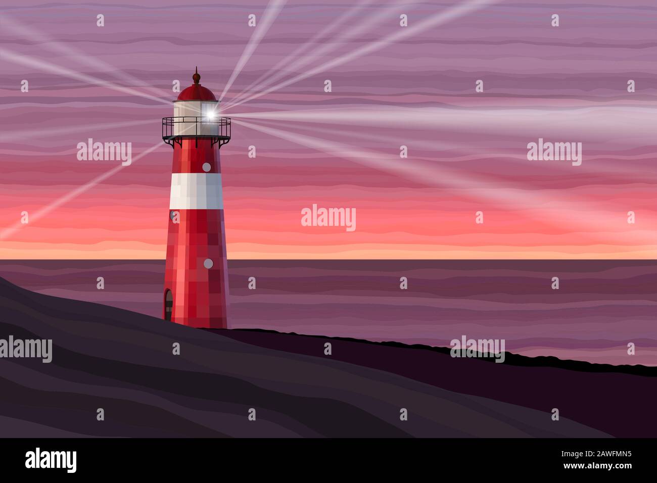 Ein roter und weißer Leuchtturm auf See bei Dämmerung Vektorgrafiken Stock Vektor