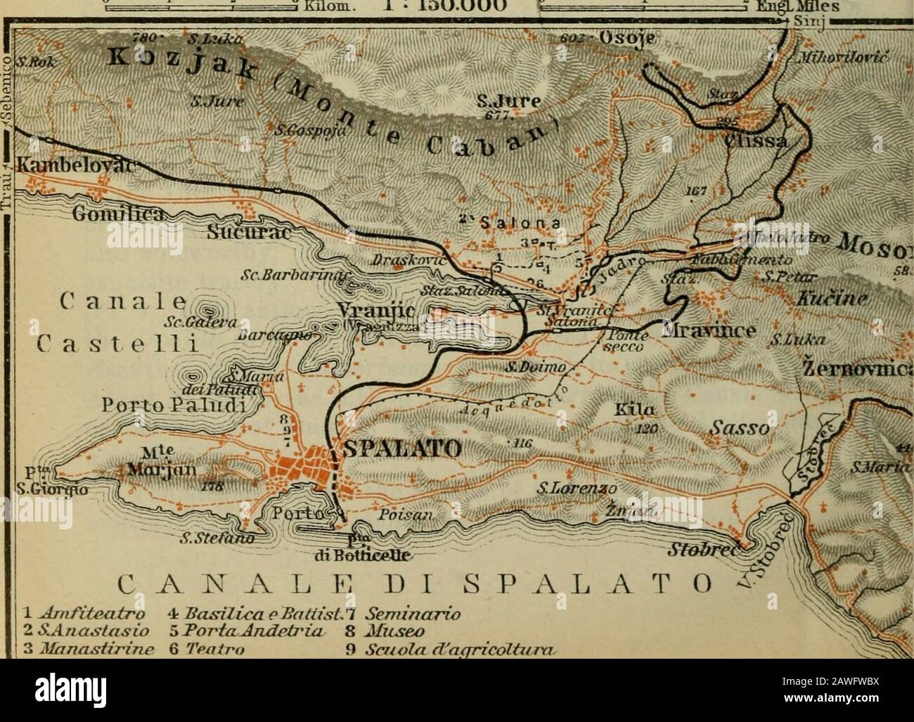 Österreich : mit Ausflügen nach Cetinje, Belgrad und Bukarest : Handbuch für Reisende . 1 iiaplisteruim 2 FranziskanerhJostci-ZBrvofaturni AJkitltaus- 5 Sc/nrefelquelle 6 Scluvefelbad Diokletianspalast. A.- PorUuAenea. Aur. Porta. * iztsea F. - Parta.FaretL M.-Tn/St:J/ffiovi7a V.-VocniTrtf mb.-micaRibarnicf Bahnhof Oeojr Anst.-s-Wagner fcDebes .Leipz Kaom. 1 : 150.000 &. V Antfileatro &gt;VPasilvcaeBatiist-i Seminano 1&Anastasio 5PortaAndetria 8 Mxcseo 3 Manastirine 6 Theater 9 Scuola dafjricoltutti 395 66. Spalato und Umgebung. Ankunft. Der Bahnhof und der Dampfschiffkai liegen n Stockfoto
